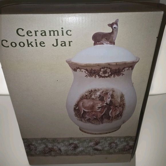 NEW! Cracker Barrel Ceramic Cookie Jar with Deer Lid π¦ Pinecone Winter Scene. - Picture 6 of 9